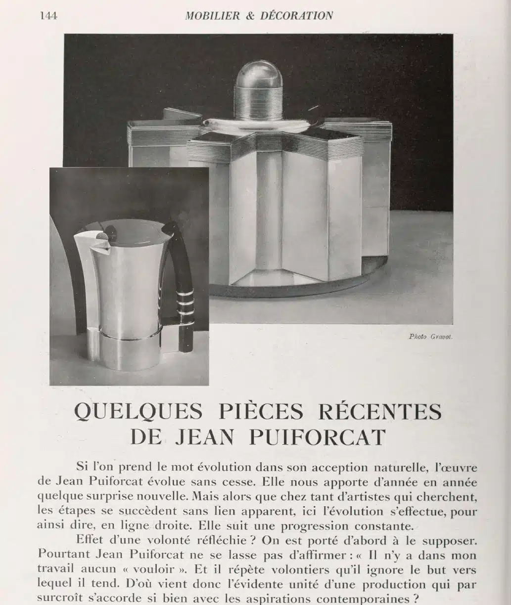 Quelques pièces récentes de Jean Puiforcat, article tiré d'une parution du magazine Mobilier et Décoration de 1931