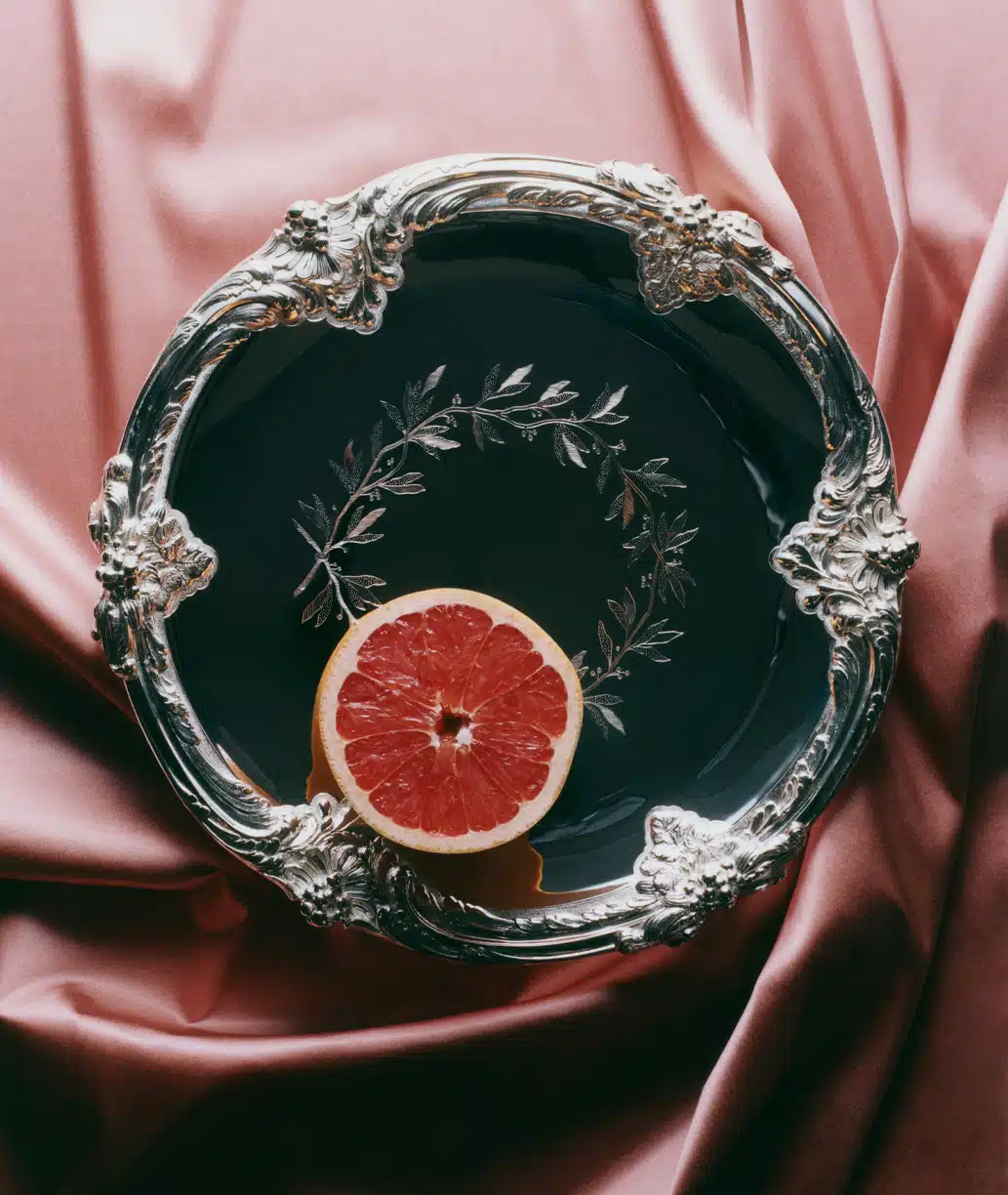 Plat à fruits François Thomas Germain sur un fond de tissu rose avec un demi pamplemousse, le tout dans une lumière tamisée