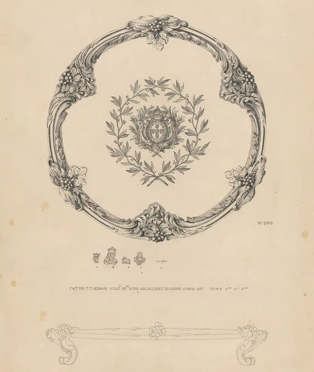 Dessin d'archive du plat à fruits réalisé par François Thomas Germain vers 1757