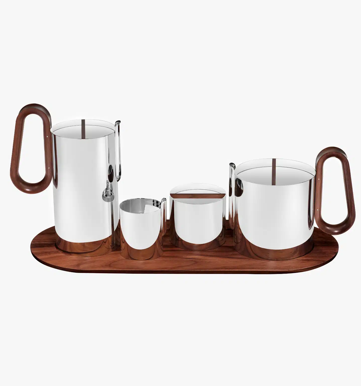 Collection Phi : théière, cafetière, crémier, sucrier et grand plateau, sur fond gris clair