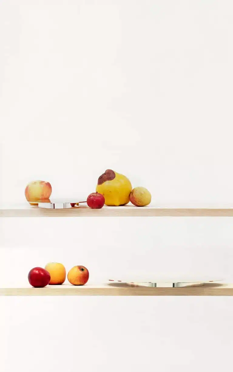 Bread plate and presentation plate from Dinner Service collection on two different shelves, standing next to fruits